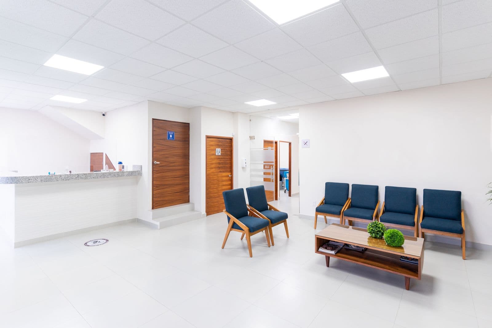 A bright clinic lobby with a reception counter and waiting chairs